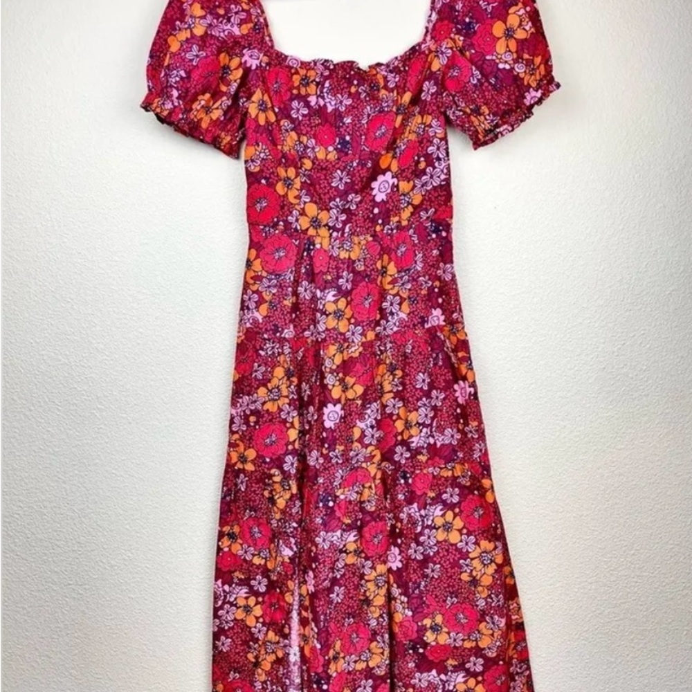 ANTHROPOLOGIE Women’s XS Rahi Floral Midi Dress Puff Tiered Slit Sleeve Multi